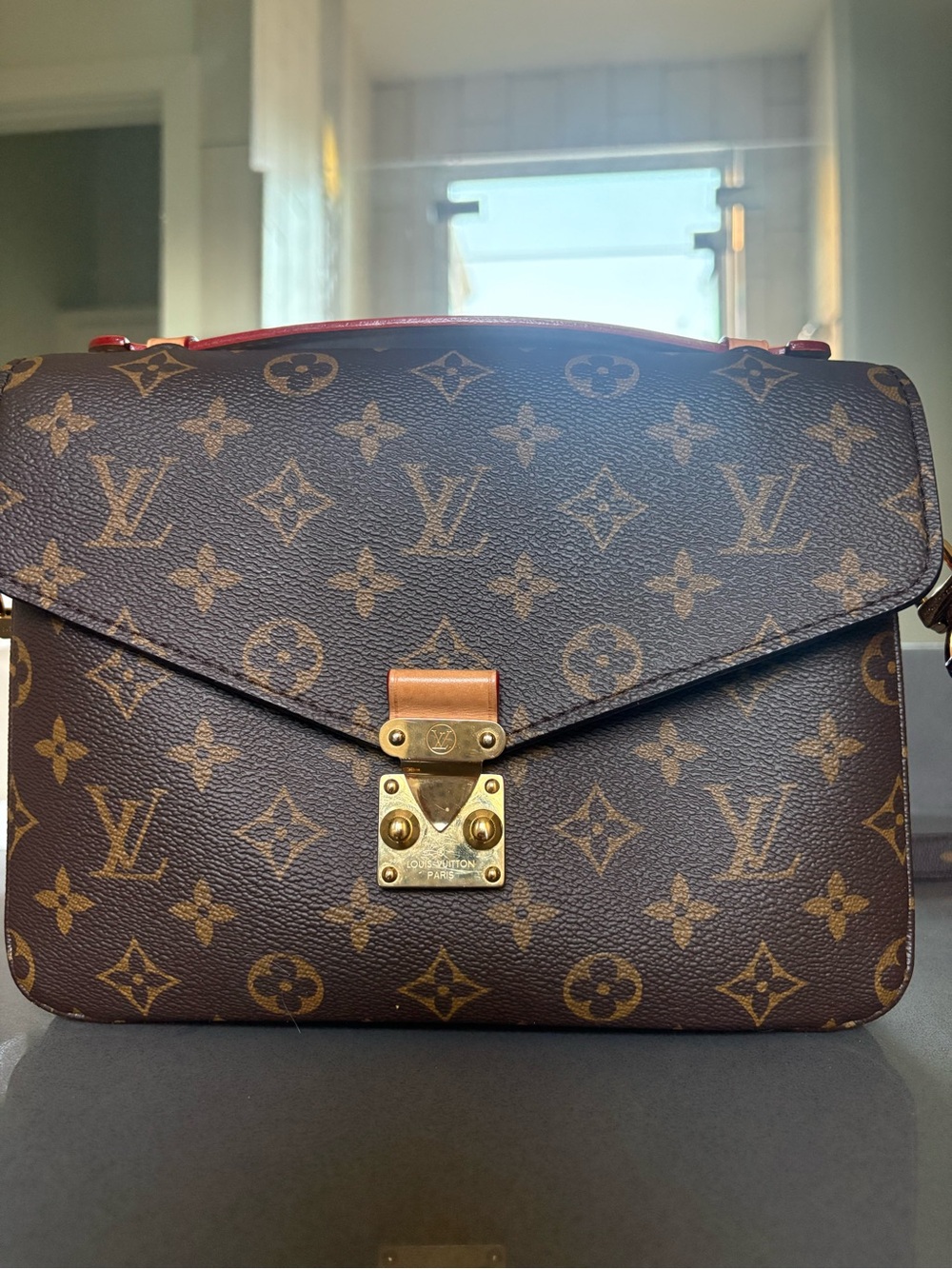 Louis Vuitton Monogram Shoulder Bag with Brown Canvas and Red Trim